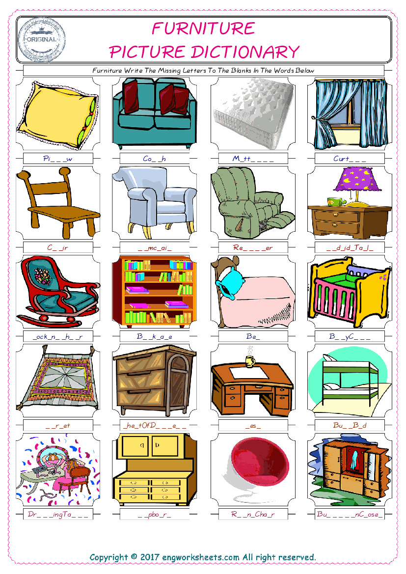  Furniture Words English worksheets For kids, the ESL Worksheet for finding and typing the missing letters of Furniture Words 